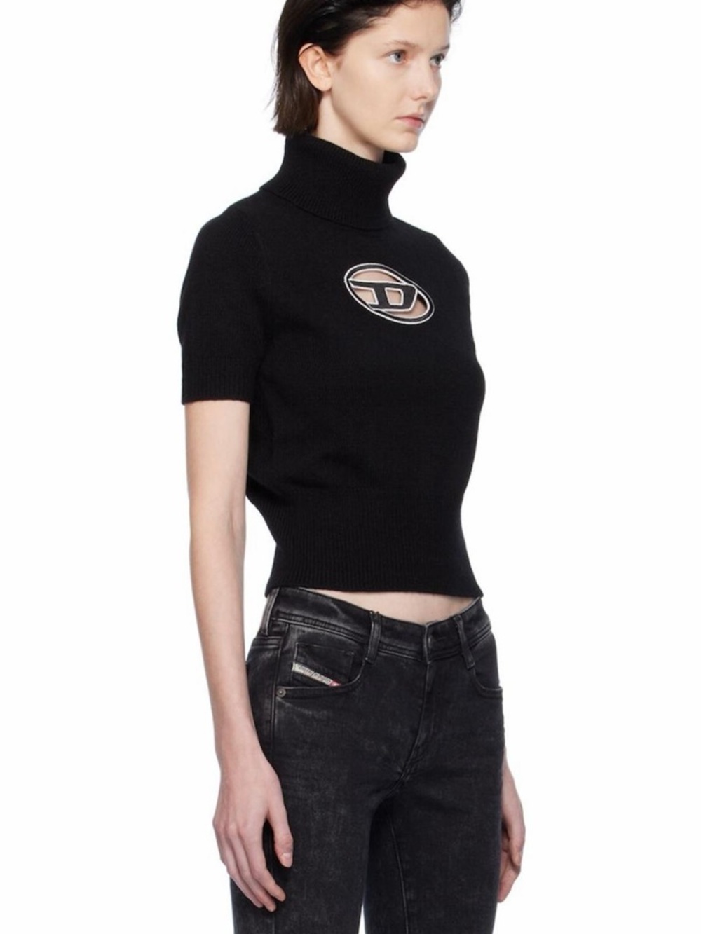 Diesel Black Short-Sleeve Turtleneck Sweater with Logo Patch